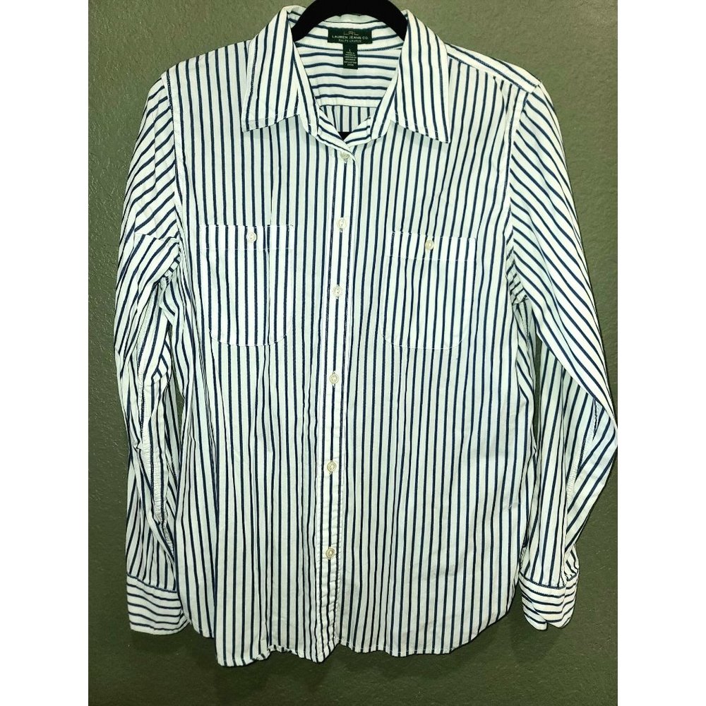 LAUREN RALPH LAUREN mens Large White Blue Pinstripe Shirt